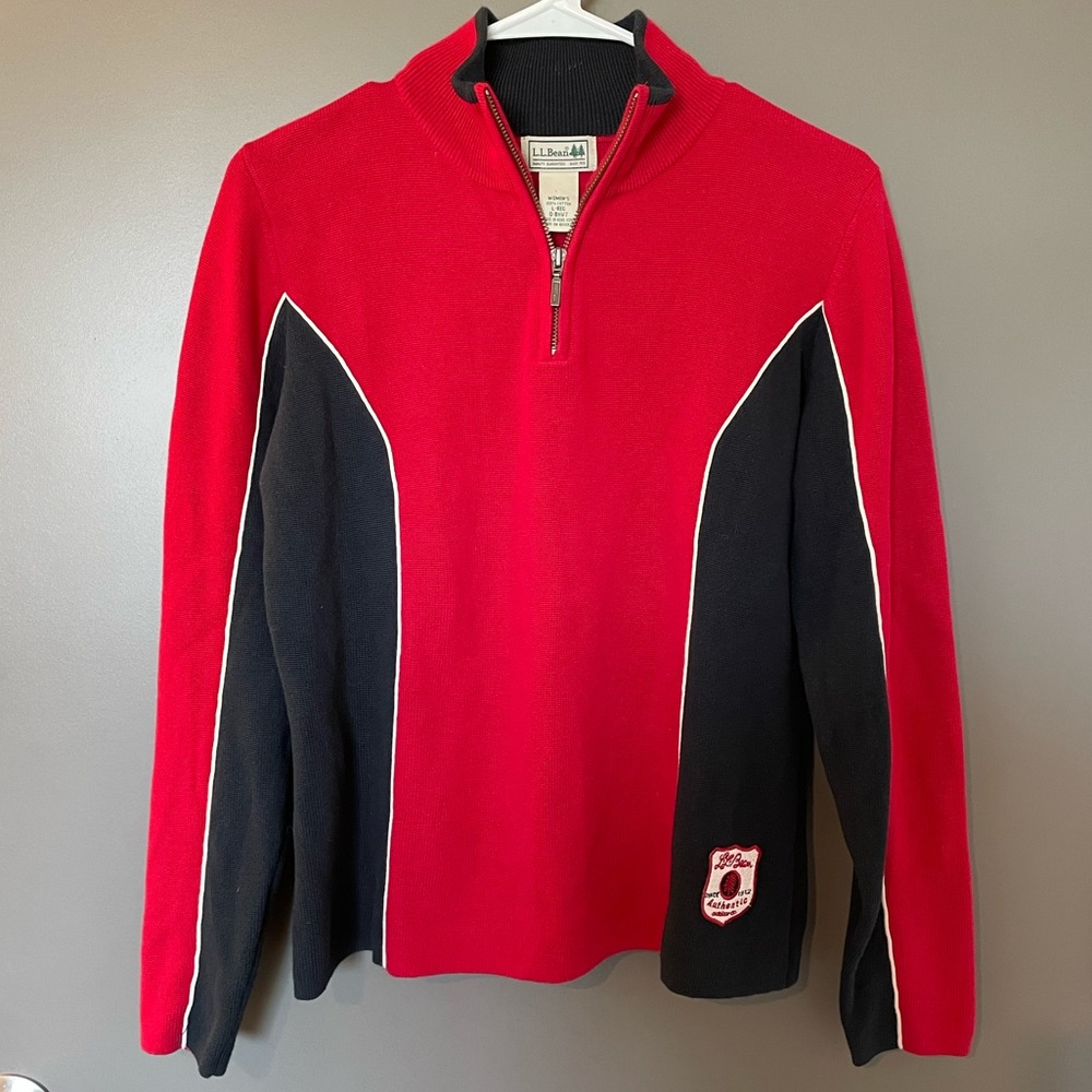 L.L. Bean Vintage Quarter-Zip Pullover Women’s Large 1990s Red Navy 100% Cotton